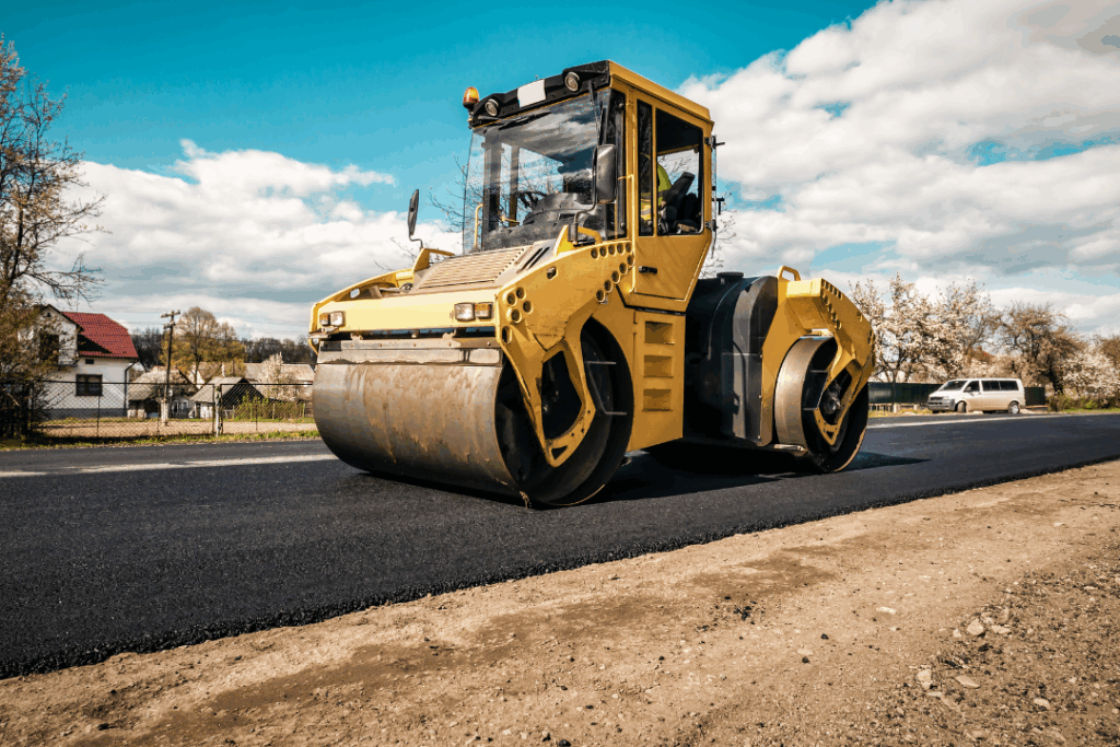 A yellow road roller is actively driving along a paved road, compacting the surface as it moves forward.